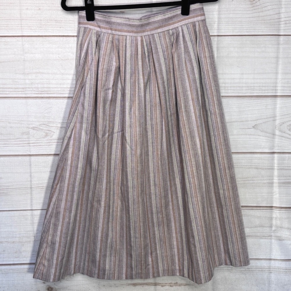 Jason Roberts Vintage Striped Pleated Midi Skirt Brown Tan Mauve‎ Sz 14 Made USA